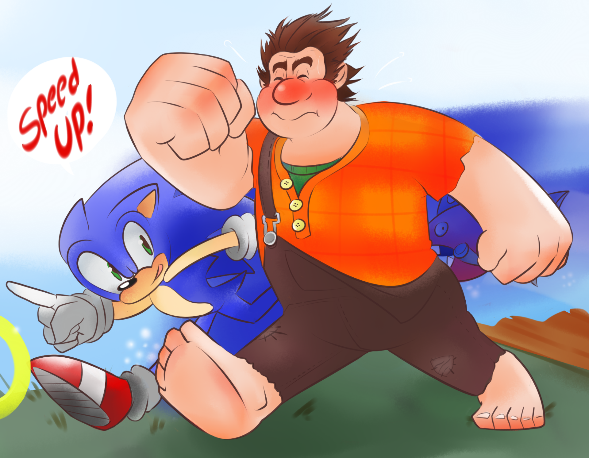 HD PC desktop wallpaper featuring Sonic the Hedgehog and Ralph from Wreck-It Ralph, with Ralph mid-punch and Sonic striking a speed pose beside him.