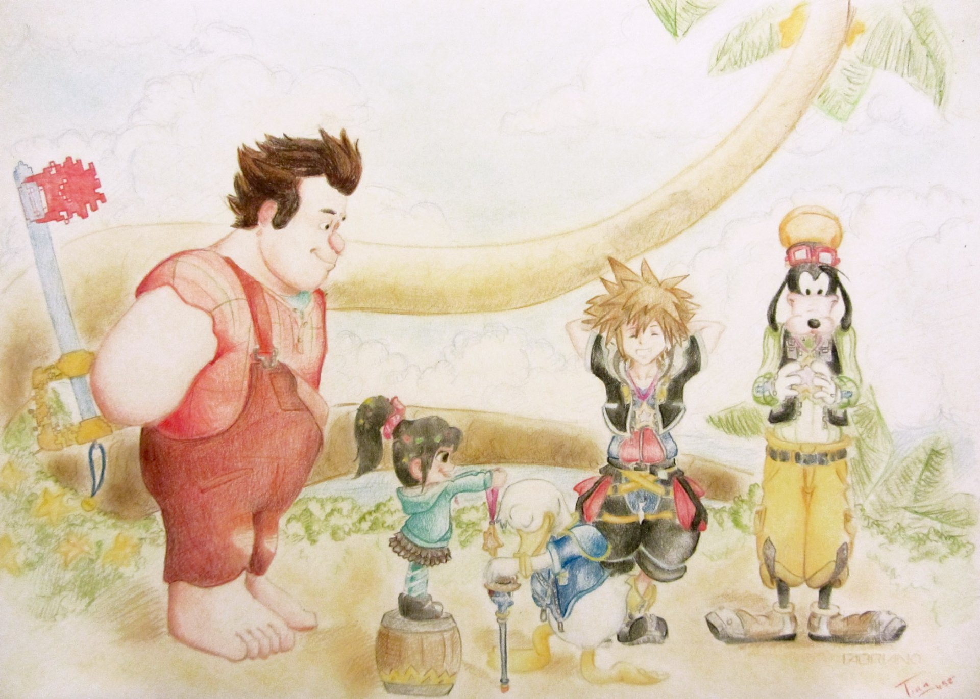 HD PC desktop wallpaper featuring a movie crossover: Wreck-It Ralph, Vanellope von Schweetz and Goofy together in a soft watercolor beach scene.