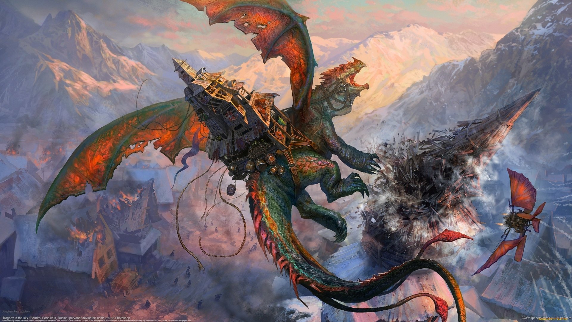 HD fantasy PC desktop wallpaper depicting a fierce dragon soaring above a mountainous village, breathing fire and smoke during an intense aerial battle.
