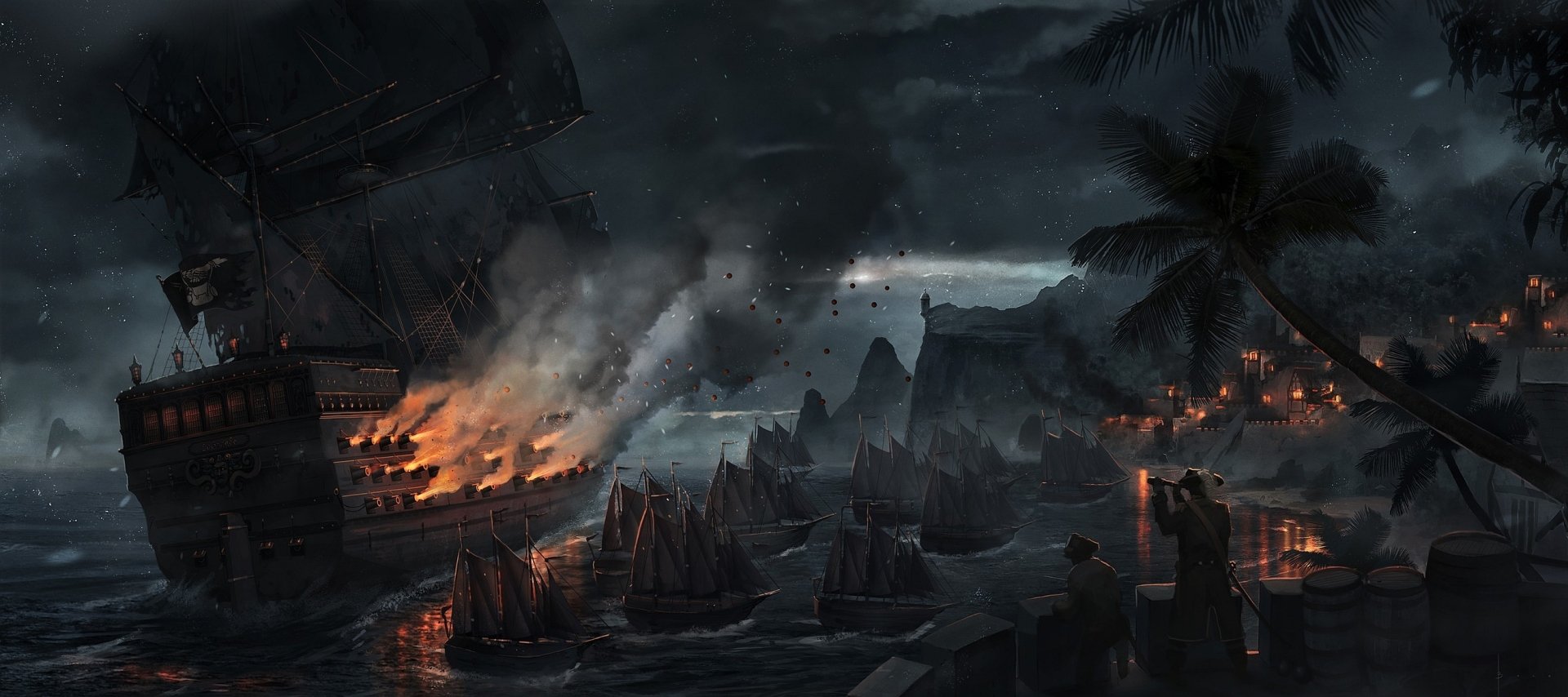 Dark fantasy battle scene at sea with burning ships and distant flames, set against a stormy, mountainous background. HD PC desktop wallpaper and background.