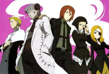 HD wallpaper of 'Soul Eater' characters standing confidently with a pink swirl background.