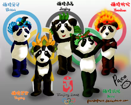 4K Ultra HD Beijing 2008 Summer Olympics wallpaper featuring the five Fuwa mascots—Nini, Yingying, Huanhuan, Jingjing, and Beibei—against Olympic rings and logo.