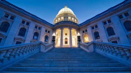 Low-angle dusk view of the Wisconsin State Capitol dome and grand steps — man-made neoclassical architecture, HD PC desktop wallpaper/background.