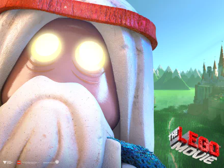 HD PC desktop wallpaper: close-up of Vitruvius from The LEGO Movie — glowing-eyed Lego wizard with a white beard, distant castle landscape, and The LEGO Movie logo/text.