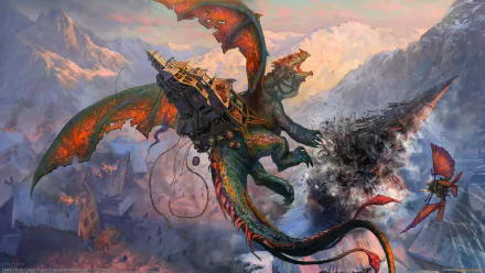 HD fantasy PC desktop wallpaper depicting a fierce dragon soaring above a mountainous village, breathing fire and smoke during an intense aerial battle.