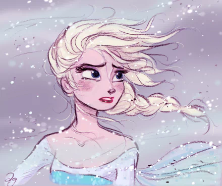 HD PC desktop wallpaper featuring Elsa from the Frozen movie, surrounded by falling snow with her hair flowing in the wind.