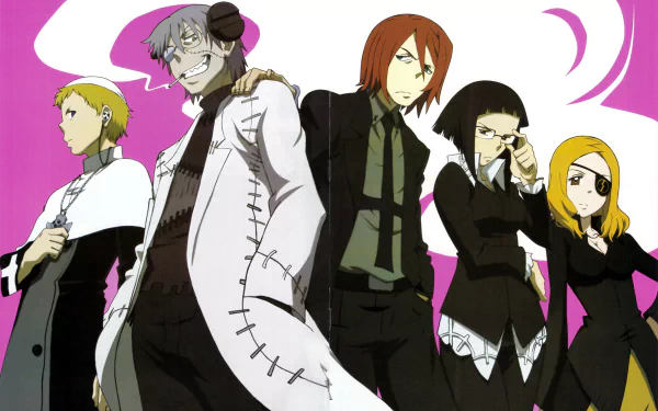 HD wallpaper of 'Soul Eater' characters standing confidently with a pink swirl background.