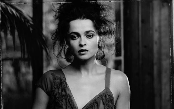 Black and white HD desktop wallpaper featuring English actress and celebrity Helena Bonham Carter with a dramatic, vintage-inspired look.