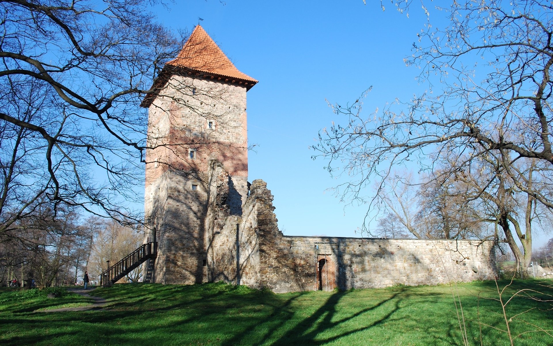 HD PC desktop wallpaper background: man-made Chudów Castle ruins with a stone tower and wall beneath a clear blue sky, framed by bare trees and sunlit green lawn.