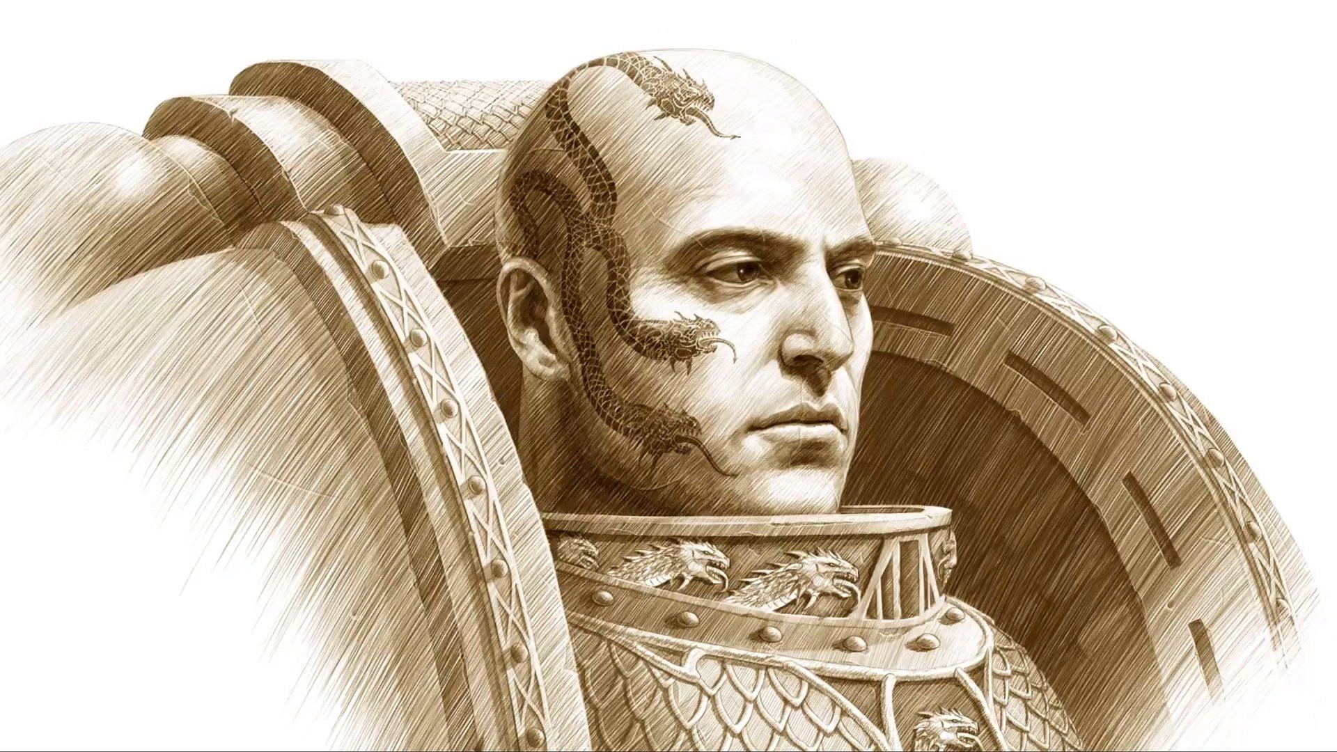 HD PC desktop wallpaper featuring a detailed Warhammer video game character with intricate armor and facial tattoos in a sepia-toned artistic style.