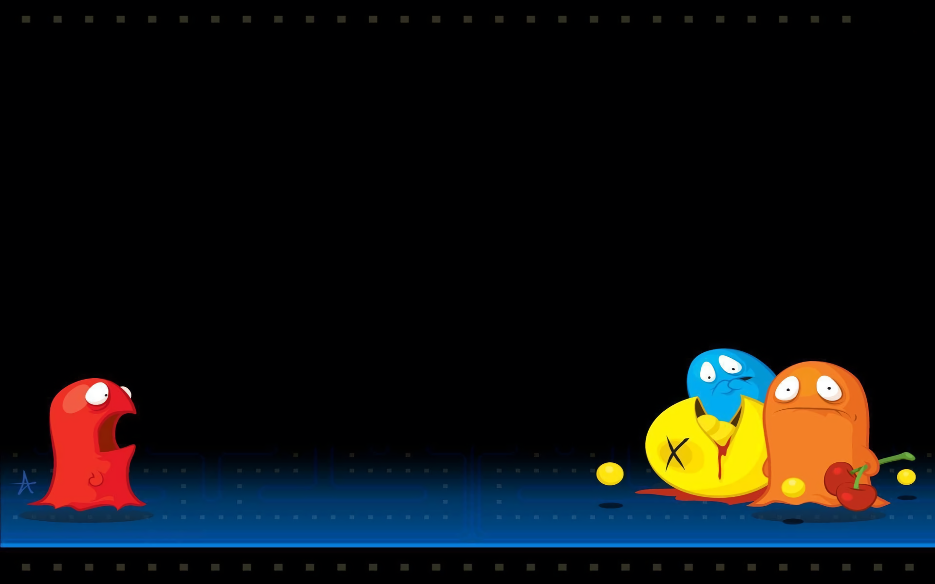 HD PC desktop wallpaper showing a video game Pac-Man scene: black background with a blue floor strip, dazed Pac-Man with X eyes beside blue and orange ghosts, a red ghost at left.
