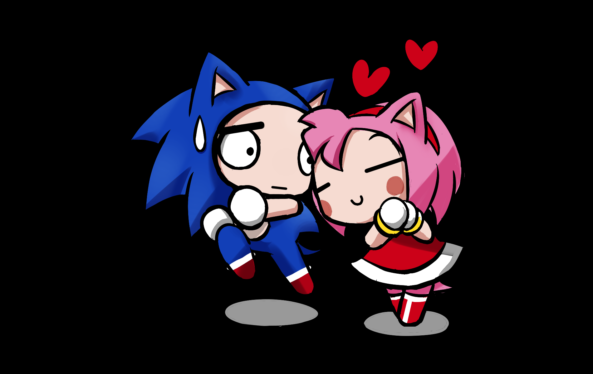 Chibi-style Amy Rose and Sonic the Hedgehog from the video game, featured in a vibrant HD PC desktop wallpaper background.