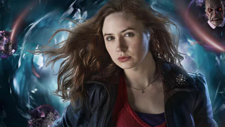 HD PC wallpaper featuring Karen Gillan as Amy Pond from the TV show Doctor Who (2005), with a dynamic background highlighting the sci-fi theme.