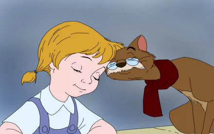 HD PC desktop wallpaper from the movie The Rescuers: Penny smiles with eyes closed as a bespectacled animal companion nuzzles her in a warm, nostalgic cartoon scene.
