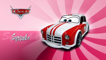 HD wallpaper featuring a stylized character from Pixar's Cars, showcasing a red and white car with expressive eyes against a vibrant pink background.