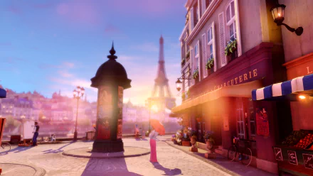 A vibrant HD PC desktop wallpaper depicting a Paris street scene with the Eiffel Tower in the background, inspired by BioShock Infinite: Burial at Sea video game.