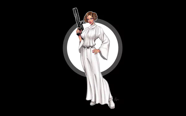 A striking HD wallpaper featuring Princess Leia Organa from Star Wars, standing confidently with a blaster, set against a sleek black background.