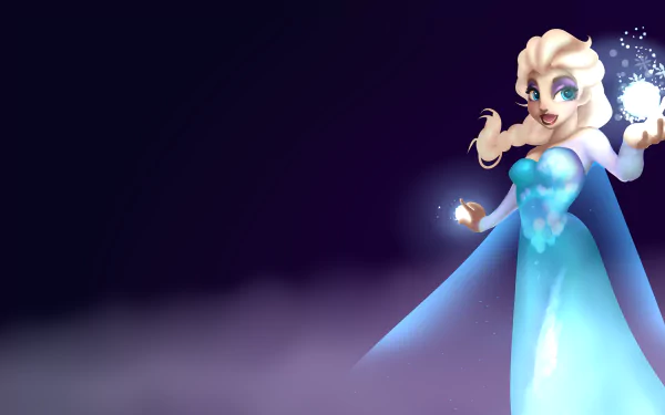 HD PC desktop wallpaper featuring Elsa from the Frozen movie, surrounded by snow and icy magic against a dark, snowy background.