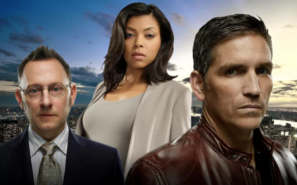 HD PC desktop wallpaper featuring Taraji P. Henson, Jim Caviezel, and Michael Emerson from the TV show Person of Interest against a city skyline at dusk.