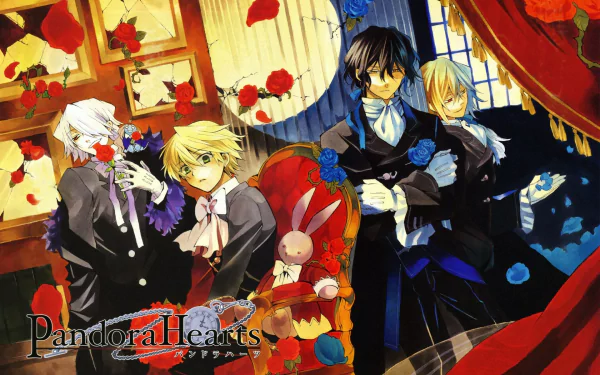 HD anime desktop wallpaper featuring characters from Pandora Hearts with a vibrant, detailed background and dramatic red curtains framing the scene.