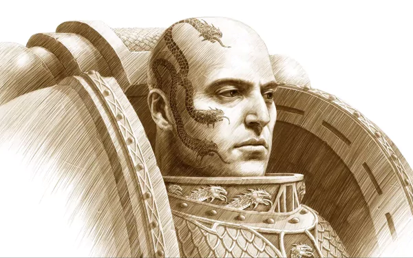 HD PC desktop wallpaper featuring a detailed Warhammer video game character with intricate armor and facial tattoos in a sepia-toned artistic style.