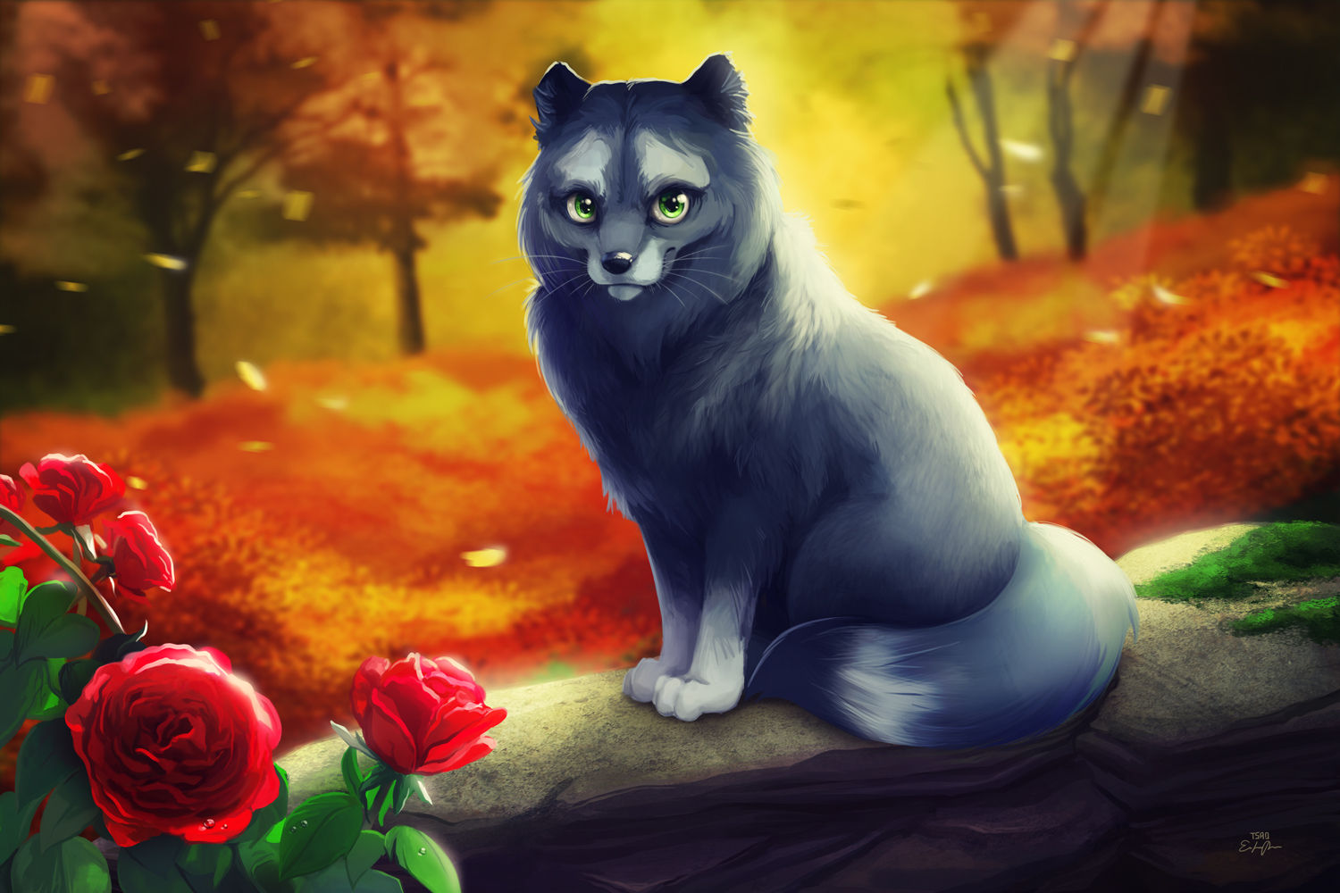 Fantasy Arctic Fox Sitting on a Rock in a Forest with Lovely Roses by Eric Proctor