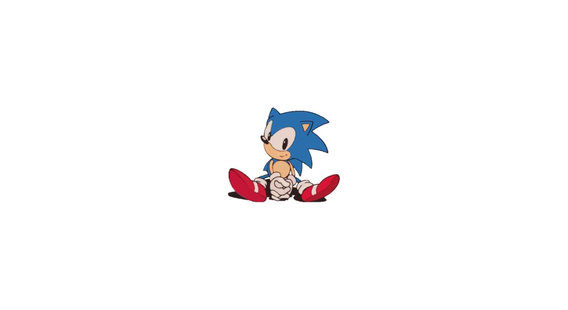 HD desktop wallpaper featuring Classic Sonic from the 1991 Sonic the Hedgehog video game, depicted sitting with a cheerful expression on a white background.