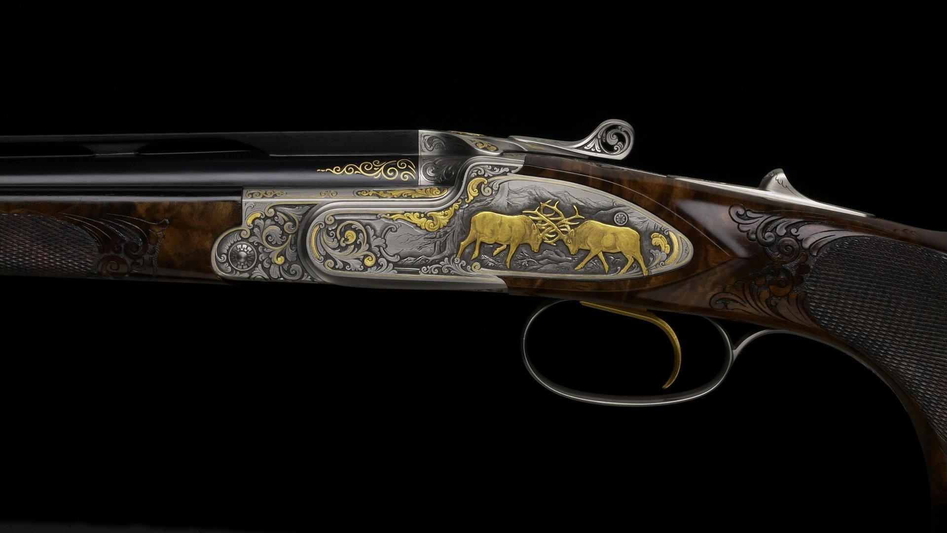 Close-up of an intricately engraved man-made shotgun with gold inlays, showcased as a 4K Ultra HD PC desktop wallpaper against a black background.