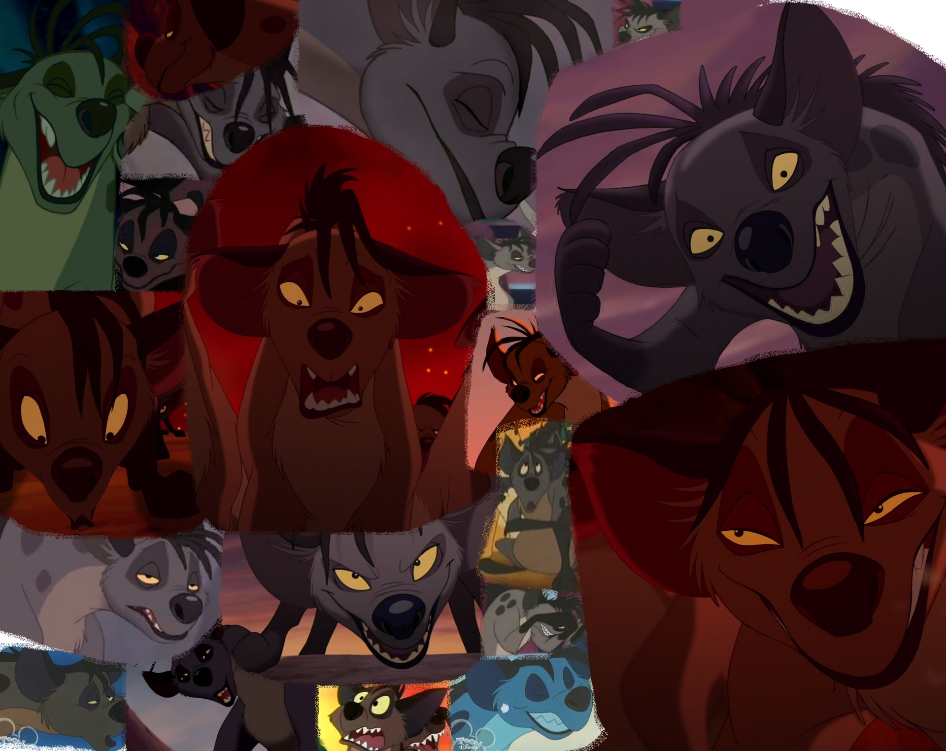 HD desktop wallpaper featuring villainous hyenas from the movie The Lion King (1994) in a dark, intense collage style.