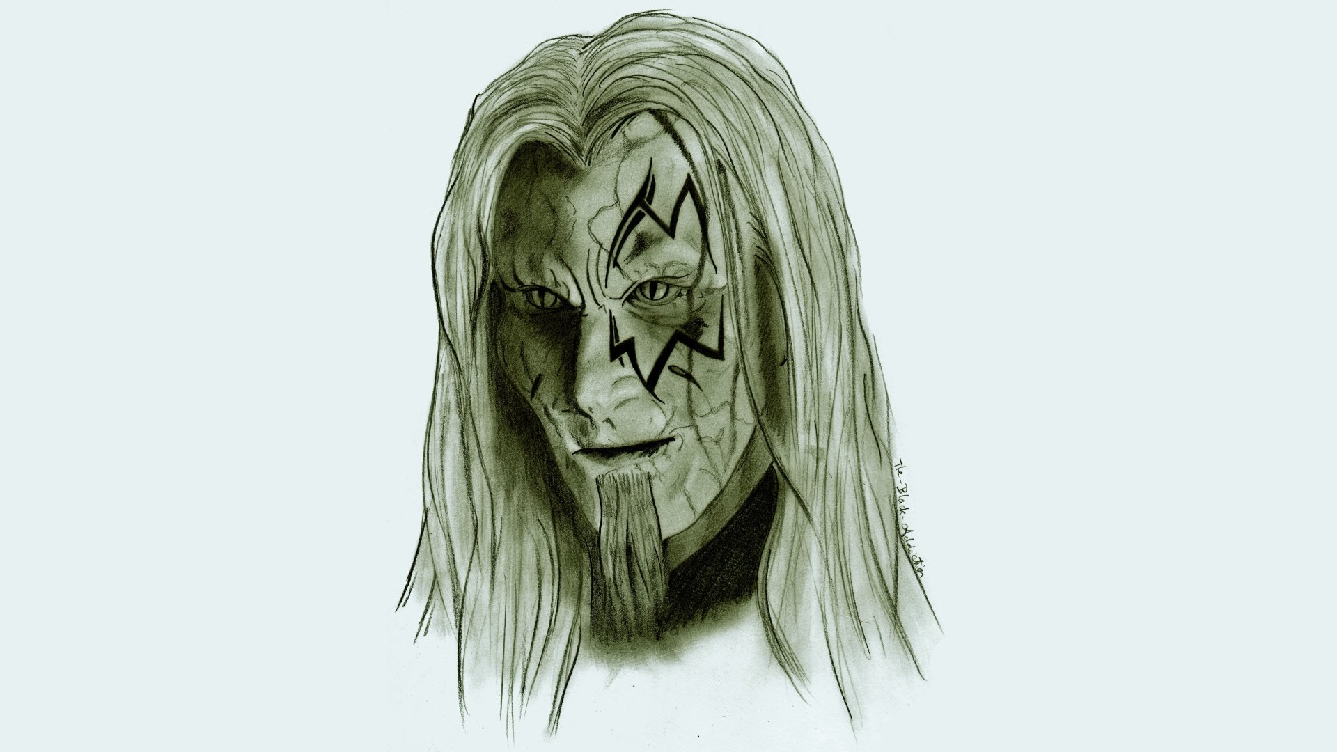 8K Ultra HD PC desktop wallpaper from the TV show Stargate Atlantis: green-tinted, hand-drawn portrait of a long-haired man with a jagged, star-like facial glyph and intense stare.