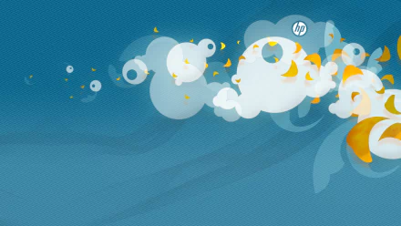 Hewlett-Packard technology HD PC desktop wallpaper: abstract blue textured background with white cloud-like circles, orange accents and a small HP logo.