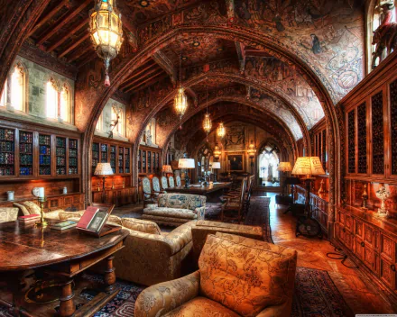 Ornate man-made room featuring wooden beams, intricate ceiling art, antique furniture, and warm lighting, captured in an HD PC desktop wallpaper and background.