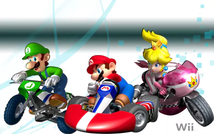 HD PC wallpaper featuring Luigi, Mario, and Princess Peach racing in Mario Kart Wii, showcasing vibrant characters and vehicles from the popular video game.