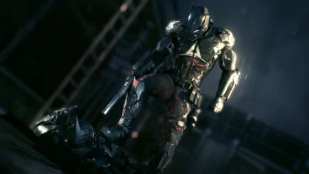 A dramatic scene from the video game Batman: Arkham Knight, featuring a menacing armored figure standing over a defeated opponent, showcasing a dark and immersive atmosphere.