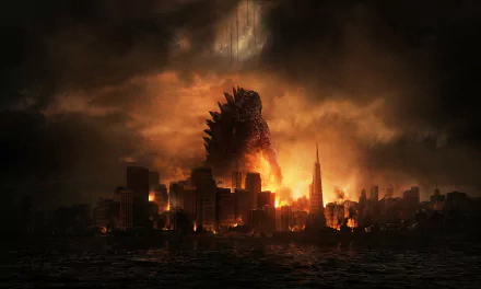 A powerful Godzilla towers over a burning San Francisco skyline, captured in dramatic detail from the 2014 movie. This HD wallpaper immerses viewers in the Monsterverse's epic chaos.