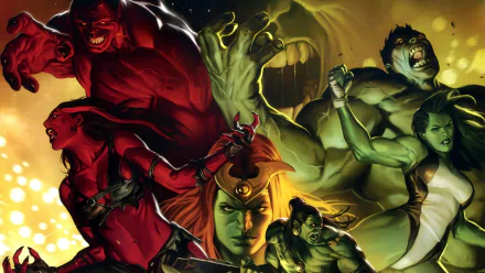 HD wallpaper featuring Red She-Hulk and Red Hulk alongside the iconic Hulk in a dynamic comic-style composition, showcasing vibrant colors and powerful poses.