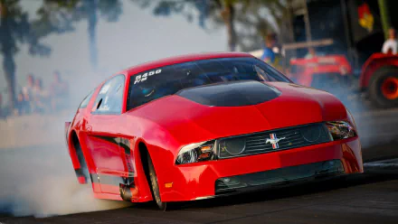 HD PC desktop wallpaper featuring a red Ford Mustang in action, drifting with smoke trailing behind the vehicle.