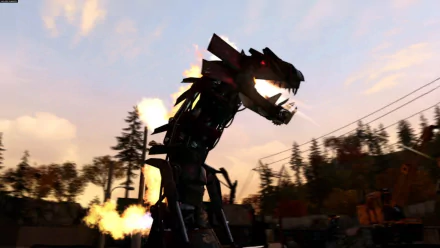 HD PC desktop wallpaper and background from the video game Watch Dogs: a towering mechanical dragon breathes fire over a dusk suburban skyline.