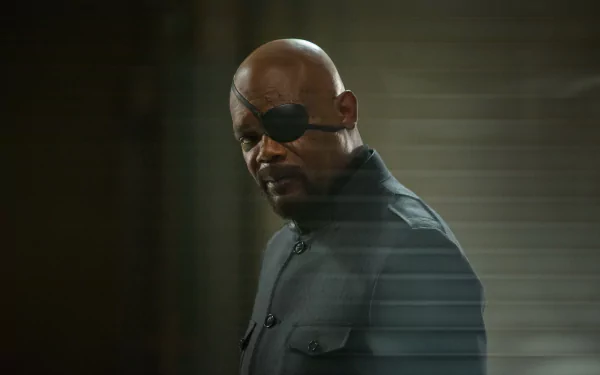 A high-definition wallpaper featuring Samuel L. Jackson as Nick Fury, wearing an eye patch, from the movie Captain America: The Winter Soldier.