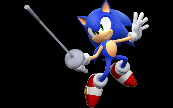 Sonic the Hedgehog in a dynamic pose from the video game Mario & Sonic at the London 2012 Olympic Games, shown on a HD PC desktop wallpaper background.
