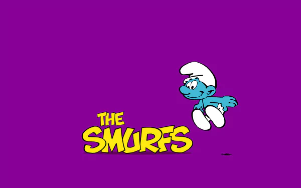 Comic-style HD PC desktop wallpaper showing a Smurf leaping on a vivid purple background with the yellow The Smurfs logo.