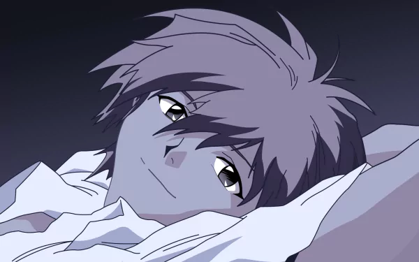 Kaworu Nagisa from Neon Genesis Evangelion reclining with a soft smile, purple hair and pale shirt against a dark gradient — anime HD PC desktop wallpaper/background.