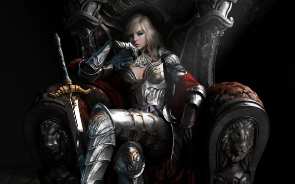 A female warrior in ornate armor sits on a grand throne, holding a sword, in this high-definition fantasy-themed desktop wallpaper.