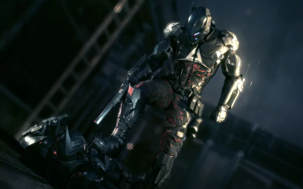 A dramatic scene from the video game Batman: Arkham Knight, featuring a menacing armored figure standing over a defeated opponent, showcasing a dark and immersive atmosphere.