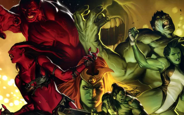 HD wallpaper featuring Red She-Hulk and Red Hulk alongside the iconic Hulk in a dynamic comic-style composition, showcasing vibrant colors and powerful poses.