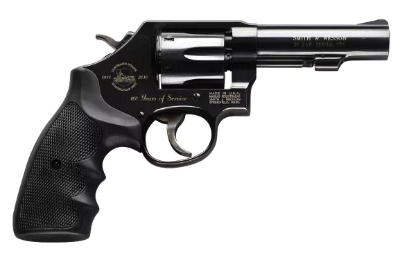 HD desktop wallpaper featuring a Smith & Wesson revolver with a black grip and polished metal barrel against a white background.