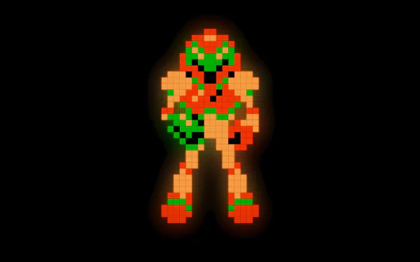 Pixelated Samus Aran from Metroid glowing against a black background, featured as an HD PC desktop wallpaper and video game tribute.
