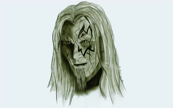 8K Ultra HD PC desktop wallpaper from the TV show Stargate Atlantis: green-tinted, hand-drawn portrait of a long-haired man with a jagged, star-like facial glyph and intense stare.