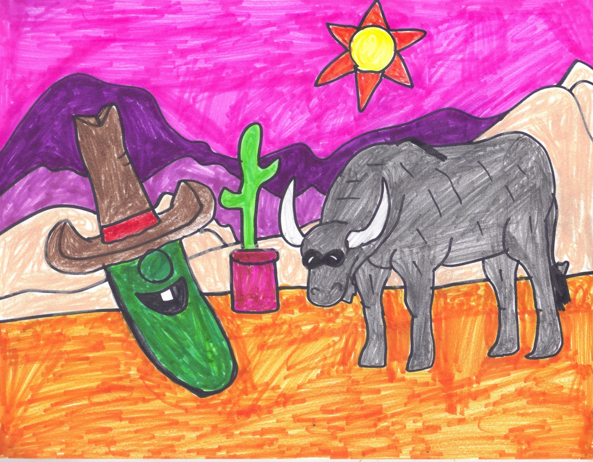 VeggieTales TV show 2K Quad HD PC desktop wallpaper: smiling cucumber in a cowboy hat beside a bull and cactus in a colorful desert with purple mountains.