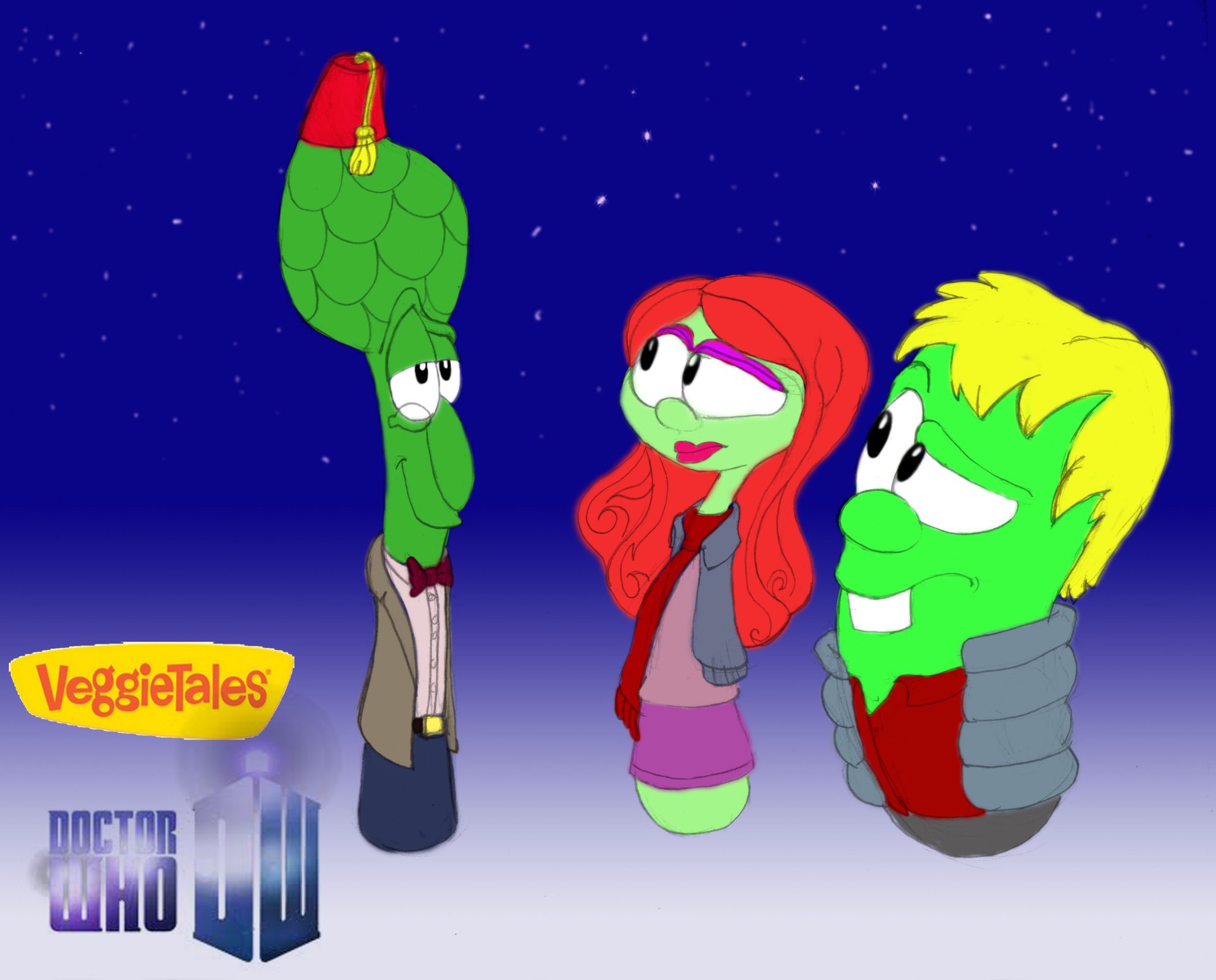 VeggieTales TV show 2K Quad HD PC desktop wallpaper: three stylized veggie characters, an asparagus, a red-haired female and a blond male, smiling against a starry blue gradient sky.